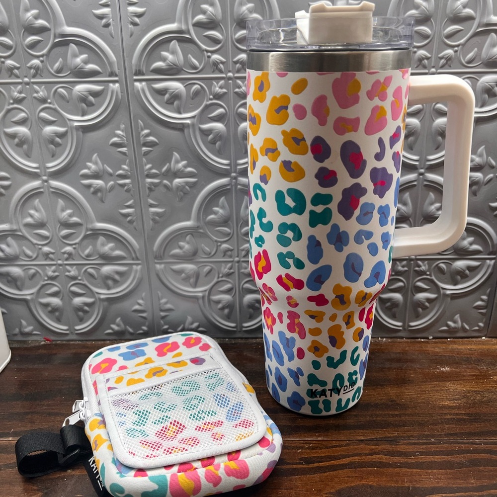 Pastel Leopard Printed Stainless Steel Tumbler  40 oz with Straw Lid & wallet